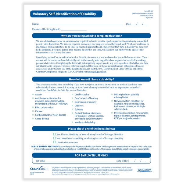 A blue and white ComplyRight Voluntary Self-Identification of Disability Form with blue and white text.