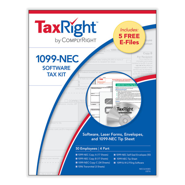 A ComplyRight TaxRight 1099-NEC tax kit with blue and red packaging.
