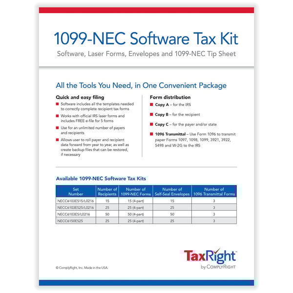 ComplyRight TaxRight 1099-NEC tax kit with blue and red label and instructions.