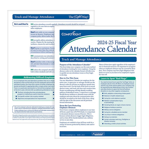 ComplyRight 2024/2025 fiscal year attendance calendars on a white background.