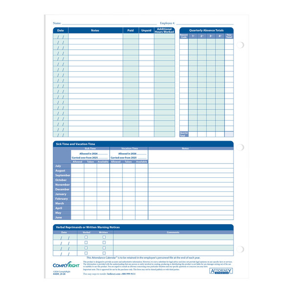 ComplyRight 2025/2026 Fiscal Year Attendance Calendar 50/Pack