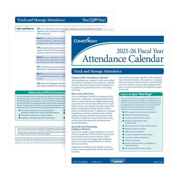 A blue and white ComplyRight attendance calendar for the 2025-2026 fiscal year.