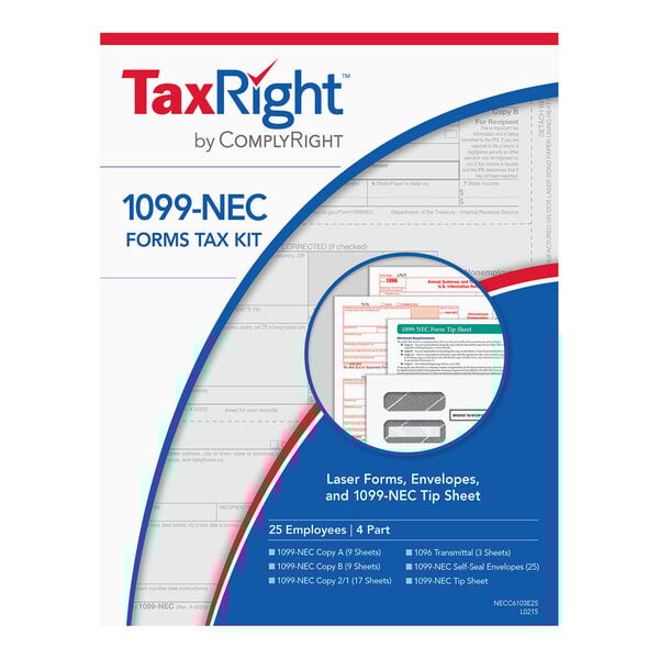 A 1099-NEC forms tax kit by ComplyRight for 25 recipients, including 4-part tax forms and self-seal envelopes.