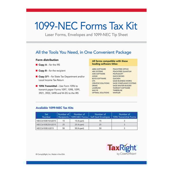A 1099-NEC Forms Tax Kit by TaxRight for 25 recipients, including laser forms, self-seal envelopes, and a tip sheet.