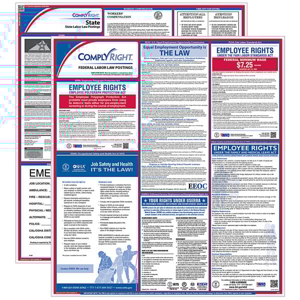 ComplyRight Federal and Indiana State Labor Law posters on a counter.