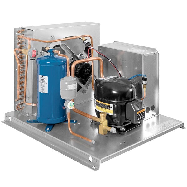 A Norlake outdoor walk-in freezer with a remote refrigeration compressor on a stand.