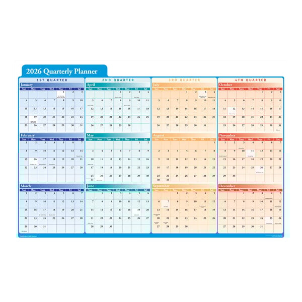 A 2026 dry erase quarterly planner with a calendar layout for each quarter, sized 36 by 24 inches.