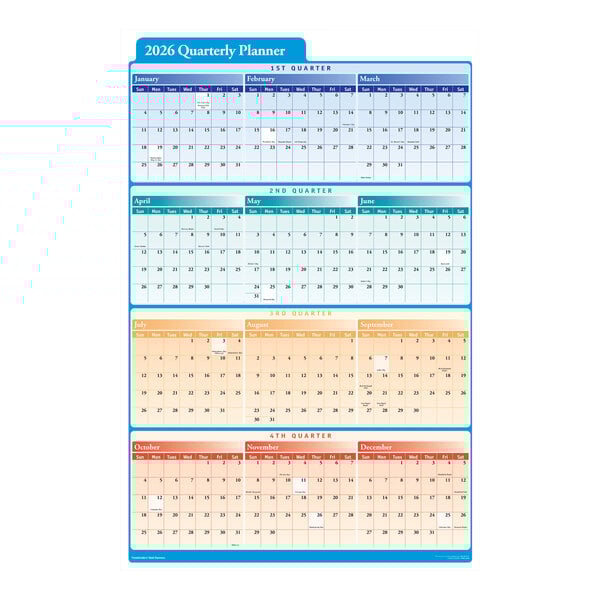 A large 2026 dry erase quarterly planner with color-coded sections for each quarter and months labeled from January to December.