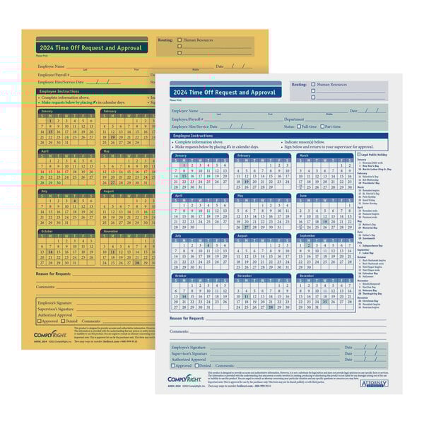 ComplyRight 2024 2-Part Time Off Request and Approval Forms with yellow and blue lines.