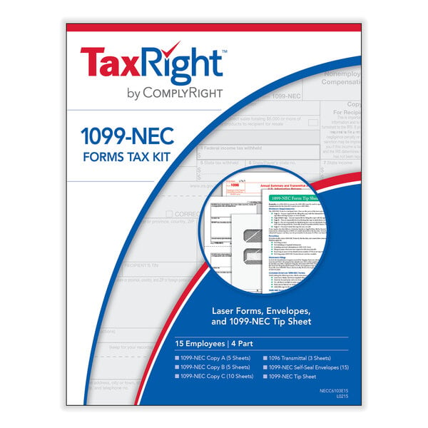 ComplyRight TaxRight 1099-NEC 4-Part Tax Forms for 15 Recipients with Self-Seal Envelopes package with blue and red accents.