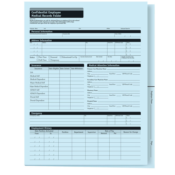 A ComplyRight expanded employee medical records folder with black text on the cover.