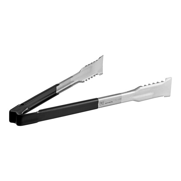 Vollrath Jacob's Pride tongs with black coated handles.