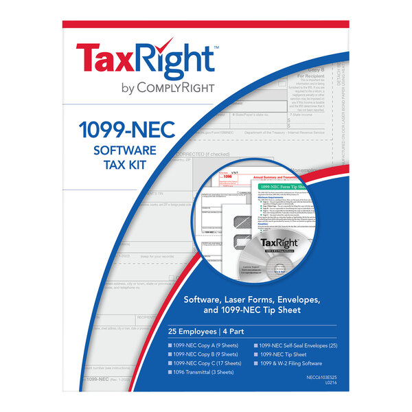 A blue and red ComplyRight TaxRight 1099-NEC tax form kit.