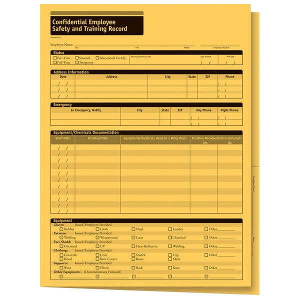 A yellow ComplyRight Confidential Employee Safety and Training Record folder.