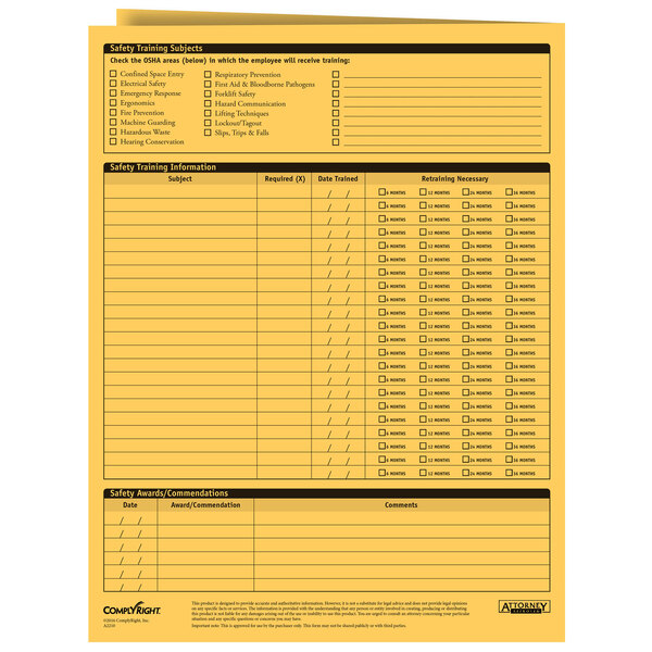 A yellow and black ComplyRight employee safety and training checklist form.