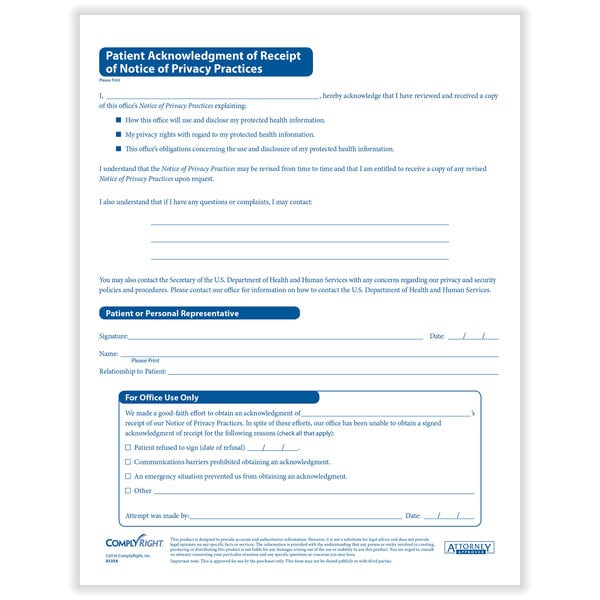 A ComplyRight HIPAA Patient Acknowledgment of Receipt of Privacy Practices form with blue text.
