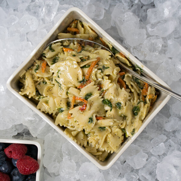 A close up of a GET Create-a-Bar Deli Crock filled with pasta, vegetables, and berries.