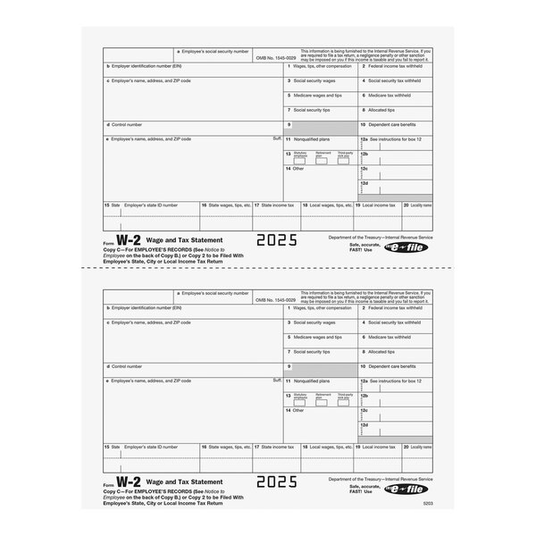 A pack of ComplyRight 2-Up Employee Copy C / State, City, or Local Copy 2 of W-2 Tax Forms for 2025, containing 50 sheets.