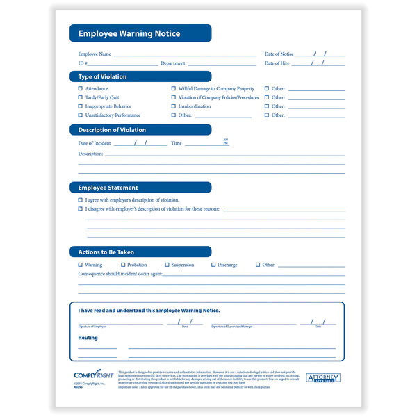 A ComplyRight Employee Warning Form document with blue and white text.