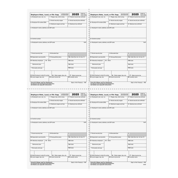 A sheet of four blank 2025 W-2 tax forms in a box format for employer use.