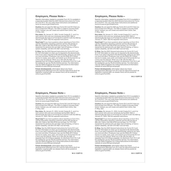 A white ComplyRight W-2 tax form sheet with four different types of text.