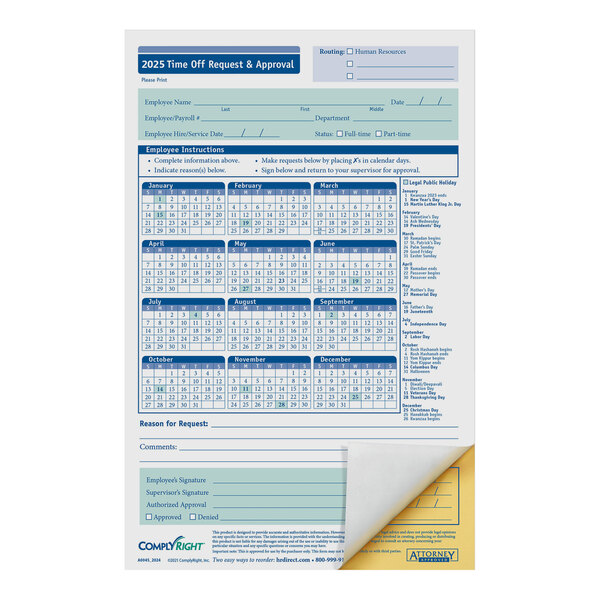 A ComplyRight 2025 Time Off Request and Approval Form with a white background and blue and yellow accents.