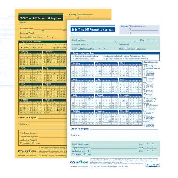 A pack of ComplyRight 2026 2-part time off request and approval forms, each measuring 5 1/2 by 8 1/2 inches.