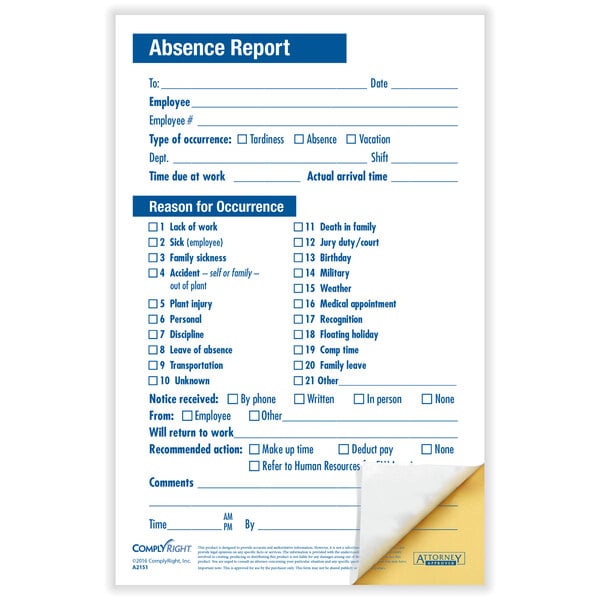 A ComplyRight absence report form.