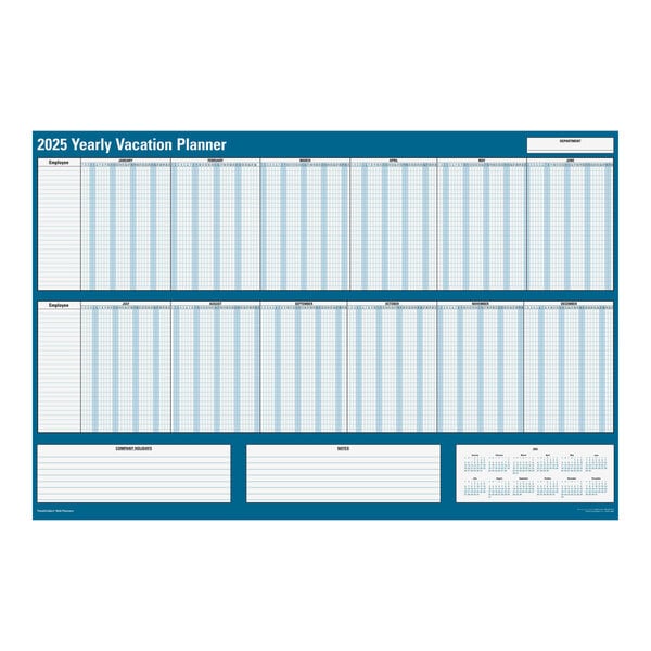 A blue and white calendar page with white squares and lines, including a 2025 vacation planner.