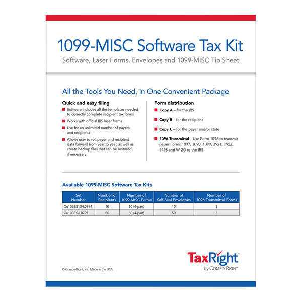 A ComplyRight 1099-MISC tax kit with software and envelopes.