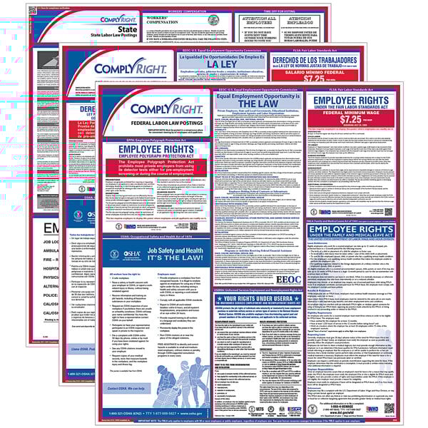 A group of ComplyRight labor law posters with text in English and Spanish.