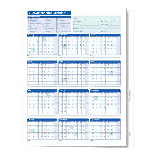 A 2026 attendance calendar folder with monthly grids and sections for employee information, sold in a pack of 25.