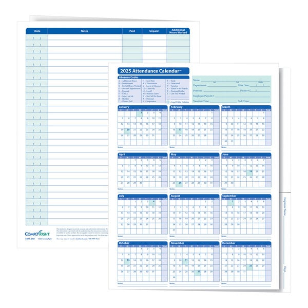 A pack of ComplyRight 2026 attendance calendar folders featuring yearly calendars and attendance tracking sections.