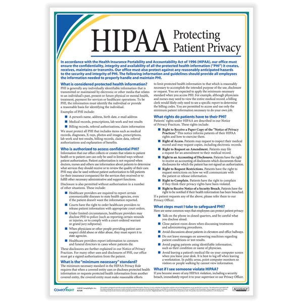 A ComplyRight poster with white and blue text that reads "HIPAA Protecting Patient Privacy" on a white background.