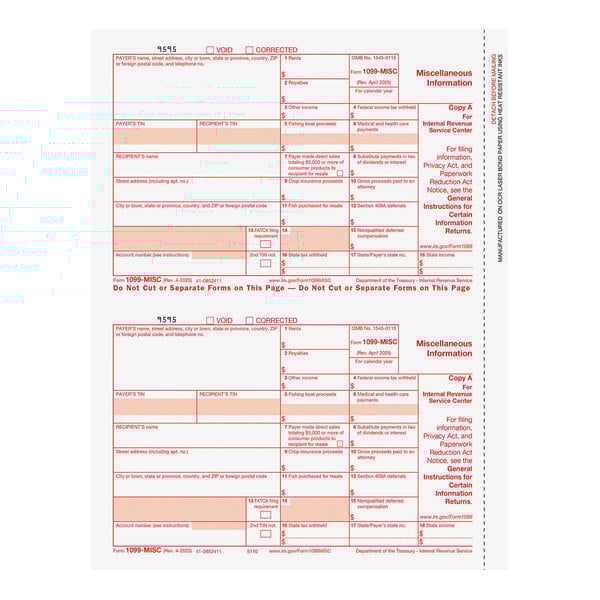 A sheet of ComplyRight 1099 2-Up Federal Copy A Miscellaneous Income Tax Forms.