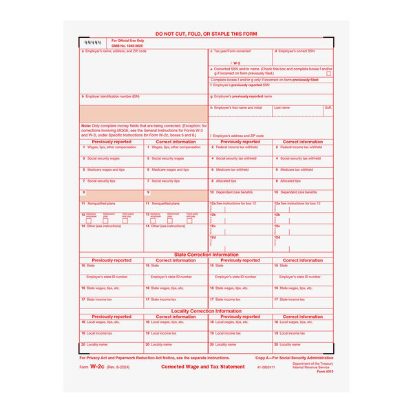 A single-page ComplyRight Federal Copy A 1-Part W-2C tax form used for correcting wage and tax statements.