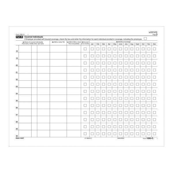 A white 1095-C IRS tax form with a grid of squares.