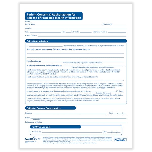 A ComplyRight HIPAA Patient Consent and Authorization form for a patient's medical record with blue and white text.