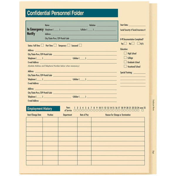 A ComplyRight standard confidential personnel folder with documents inside.