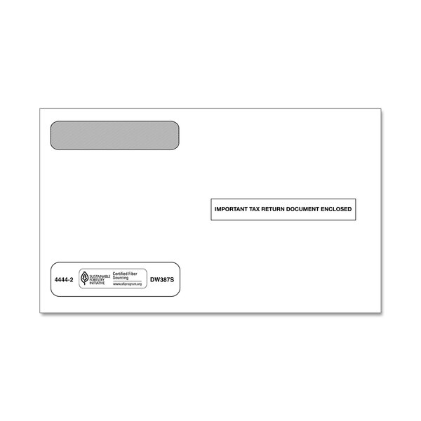 A close-up of a white ComplyRight W-2 Double Window Envelope.