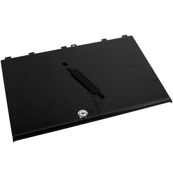 A black rectangular metal cover with a keyhole.