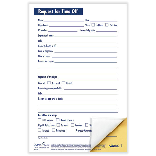 A ComplyRight 2-part time off request form.