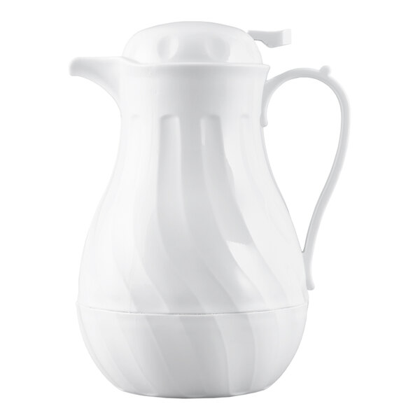 A white thermal swirl coffee carafe with a handle and spout, designed to hold 64 ounces.