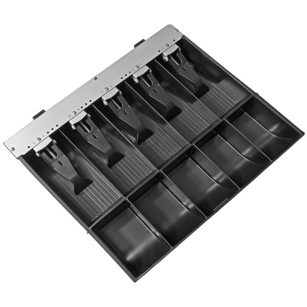 A black and silver APG Vasario money tray with five compartments.