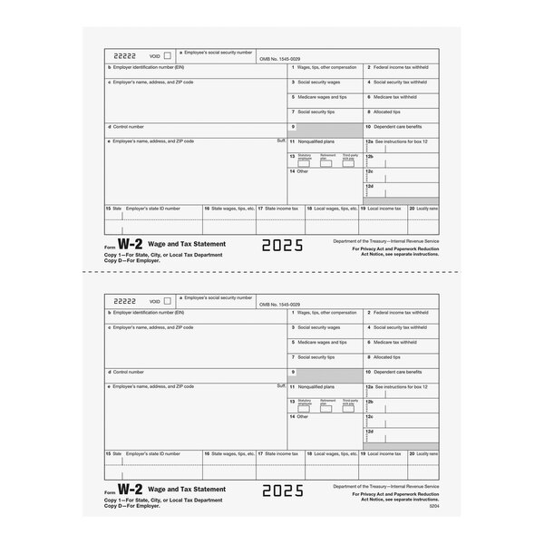 A pack of ComplyRight 2-Up W-2 tax forms for the 2025 tax year, designed for employer and state, city, or local tax department copies.