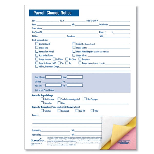 A white ComplyRight 3-part payroll change notice with pink and yellow paper.