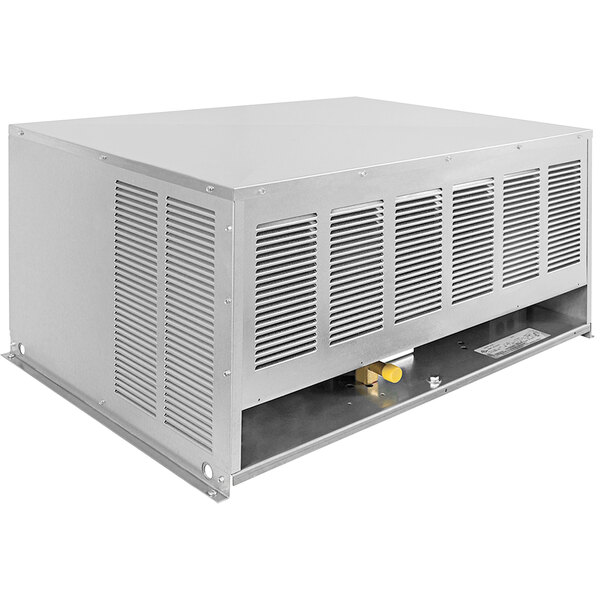 A large silver metal walk-in cooler with vents.
