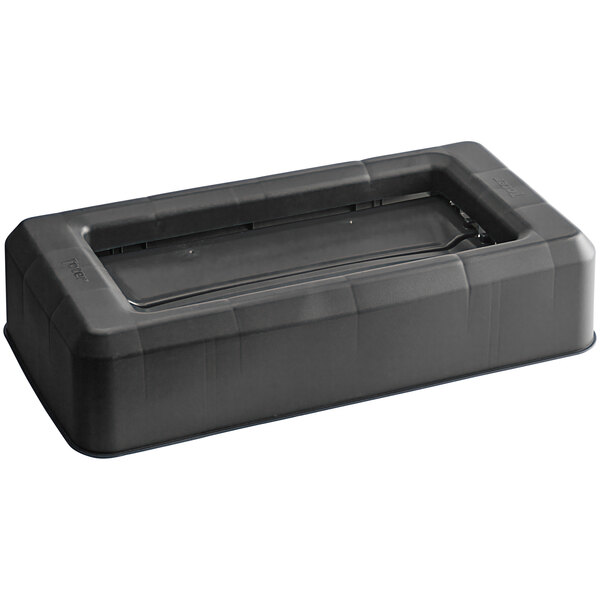 A black plastic rectangular Toter swing lid on a black rectangular Toter trash can.
