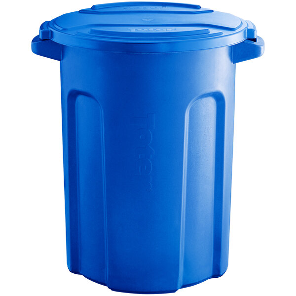A blue Toter 32 gallon round trash can with a blue plastic lid.