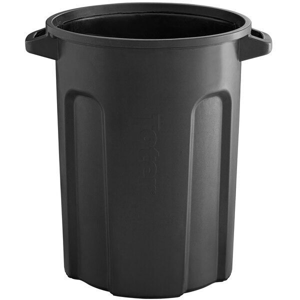 A black Toter round trash can with lid and handles.